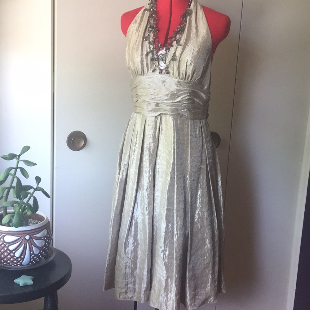 Adrianna Papell Metallic Champagne Halter Dress